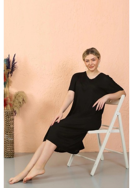 Moda Kadın Kısa Kol Diz Altı Over Size Siyah Ev Elbisesi - Geceliği fırsatları