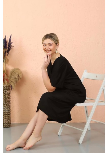 Moda Kadın Kısa Kol Diz Altı Over Size Siyah Ev Elbisesi - Geceliği indirimleri