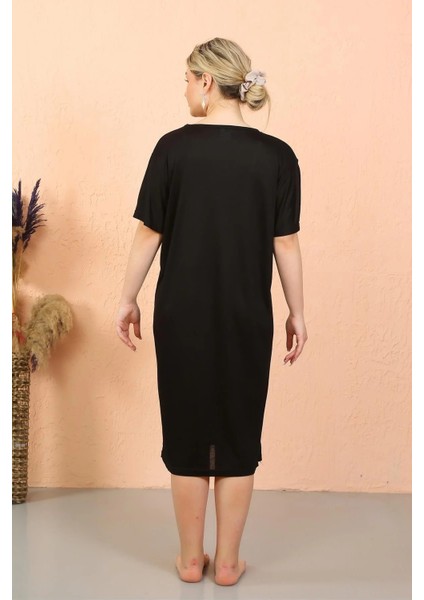 Moda Kadın Kısa Kol Diz Altı Over Size Siyah Ev Elbisesi - Geceliği