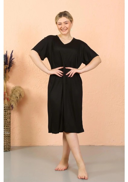 Moda Kadın Kısa Kol Diz Altı Over Size Siyah Ev Elbisesi - Geceliği