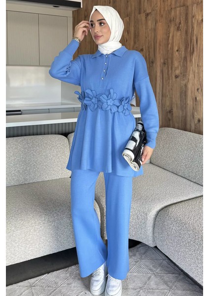 Papatya Aplikeli Tunik Pantolon Triko Tesettür Ikili Takım (S,m,l,xl Uyumludur) P-00018184