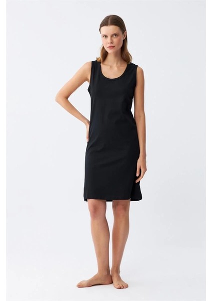 Moda Kadın Kalın Askılı Penye Gecelik Siyah