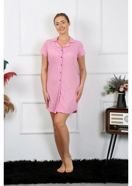 Moda Kadın Pamuk Dokuma Kısa Kol Düğmeli Pembe Tunik Gecelik fiyatları