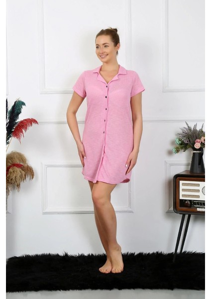 Moda Kadın Pamuk Dokuma Kısa Kol Düğmeli Pembe Tunik Gecelik fırsatları