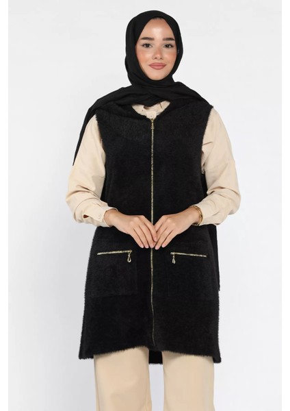 Kolsuz Fermuarlı Yumoş Tesettür Triko Yelek (S,m,l,xl Uyumludur) P-00018185