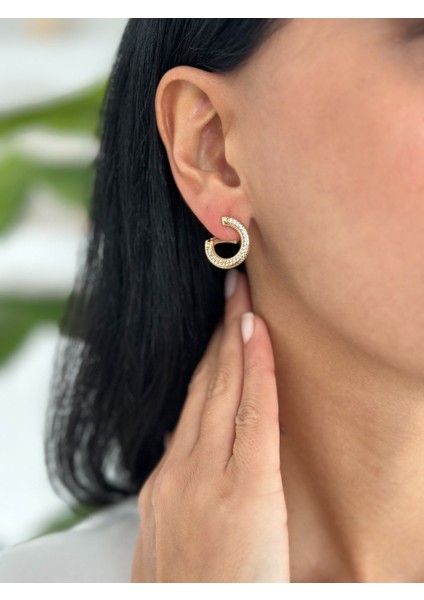 Taşlı Döngü 14 Ayar Altın Küpe