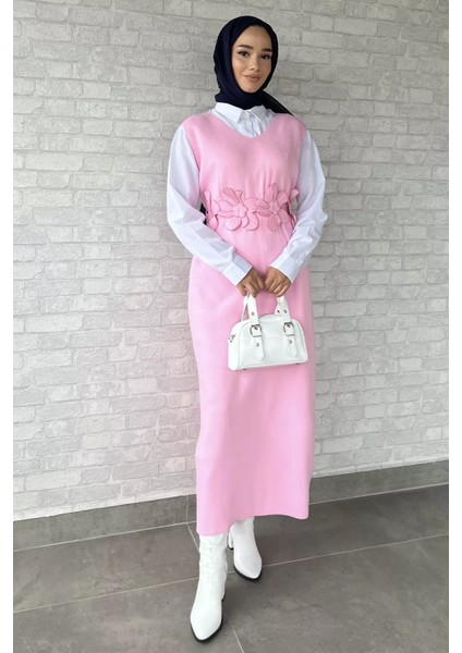 Gül Figürlü Triko Elbise Gömlek Tesettür Ikili Takım P-00018381