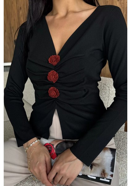 Ön Gül Detaylı Triko Bluz P-00018209