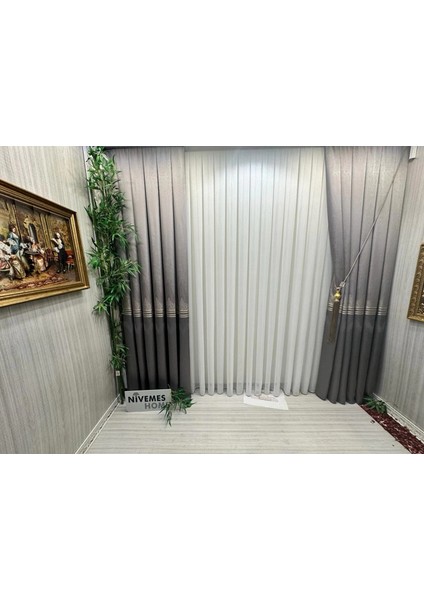 Nivemeshome Meva Altın Çizgili 1/2,5 Sık Pileli Tül Perde Apm