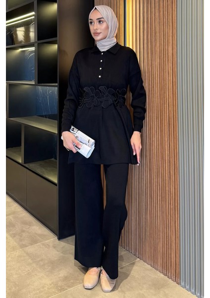 Papatya Aplikeli Tunik Pantolon Triko Tesettür Ikili Takım (S,m,l,xl Uyumludur) P-00018184
