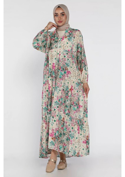 Çiçek Desenli Ön Düğmeli Mevsimlik Tesettür Elbise P-00018179