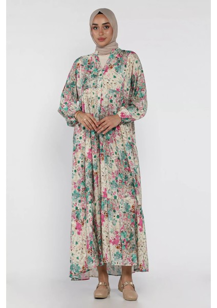 Çiçek Desenli Ön Düğmeli Mevsimlik Tesettür Elbise P-00018179 fiyatları