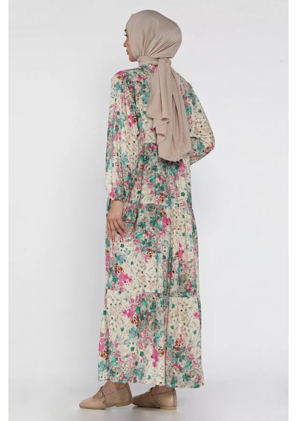 Çiçek Desenli Ön Düğmeli Mevsimlik Tesettür Elbise P-00018179 modelleri