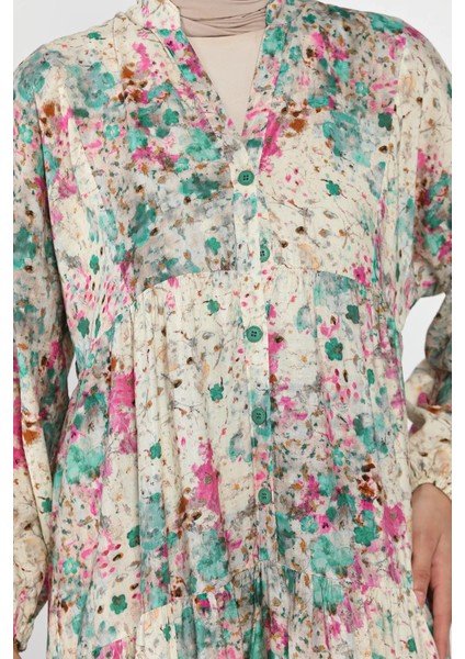 Çiçek Desenli Ön Düğmeli Mevsimlik Tesettür Elbise P-00018179 fırsatları