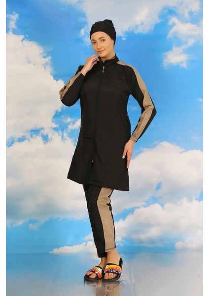 Moda Kadın Pantolonlu Kolu Şeritli Tam Tesettür Mayo Siyah fiyatları