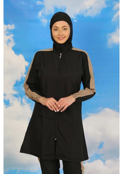 Moda Kadın Pantolonlu Kolu Şeritli Tam Tesettür Mayo Siyah fırsatları