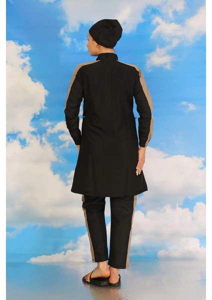 Moda Kadın Pantolonlu Kolu Şeritli Tam Tesettür Mayo Siyah