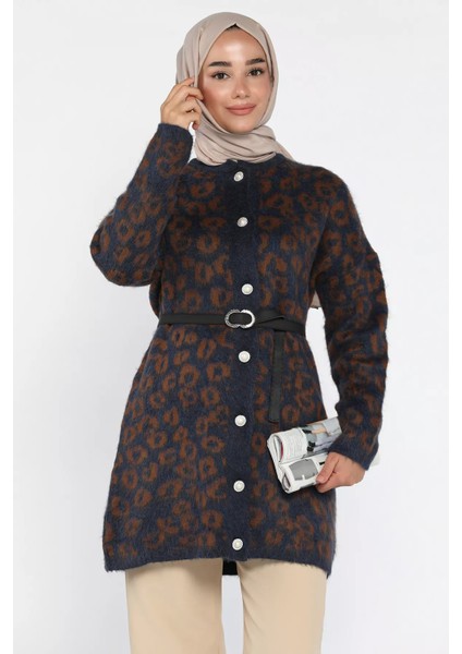 Desenli Kemer Aksesuarlı Tesettür Triko Hırka P-00018376