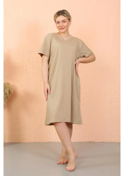 Moda Kadın Kısa Kol Diz Altı Over Size Vizon Ev Elbisesi - Geceliği