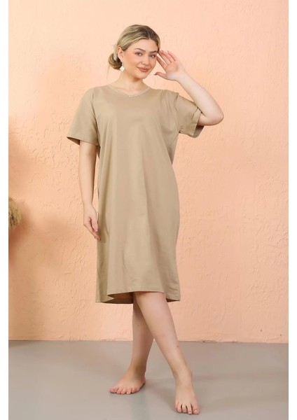Moda Kadın Kısa Kol Diz Altı Over Size Vizon Ev Elbisesi - Geceliği fiyatları