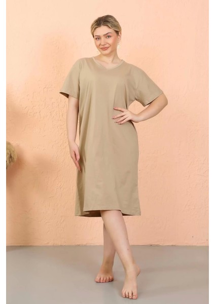 Moda Kadın Kısa Kol Diz Altı Over Size Vizon Ev Elbisesi - Geceliği modelleri
