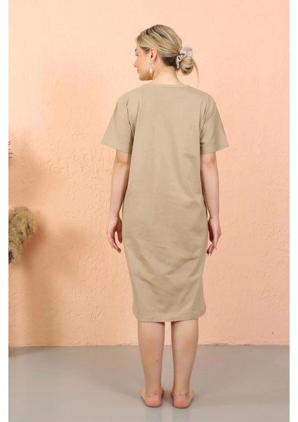Moda Kadın Kısa Kol Diz Altı Over Size Vizon Ev Elbisesi - Geceliği fırsatları