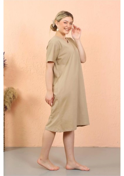 Moda Kadın Kısa Kol Diz Altı Over Size Vizon Ev Elbisesi - Geceliği