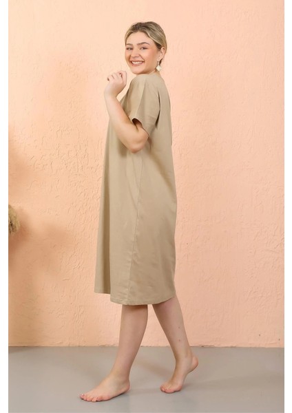 Moda Kadın Kısa Kol Diz Altı Over Size Vizon Ev Elbisesi - Geceliği