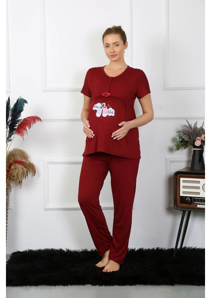 Moda Kadın Kısa Kol Hamile Lohusa Pijama Takımı Bordo modelleri