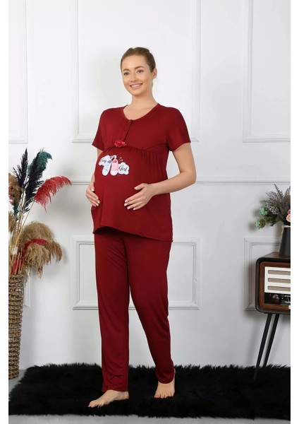 Moda Kadın Kısa Kol Hamile Lohusa Pijama Takımı Bordo indirimleri
