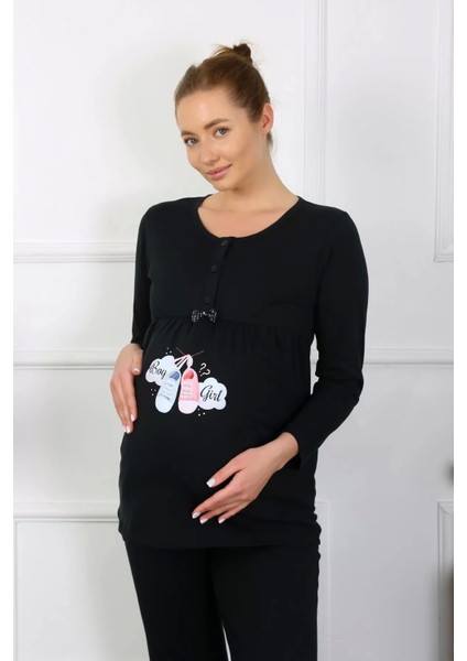 Moda Kadın Uzun Kol Hamile Lohusa Pijama Takımı Siyah