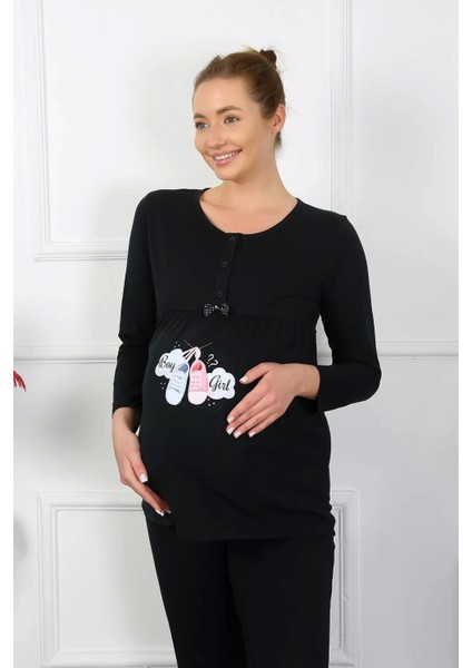 Moda Kadın Uzun Kol Hamile Lohusa Pijama Takımı Siyah modelleri