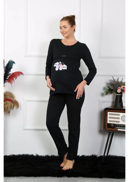 Moda Kadın Uzun Kol Hamile Lohusa Pijama Takımı Siyah indirimleri