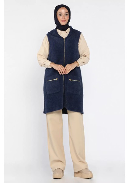 Kolsuz Fermuarlı Yumoş Tesettür Triko Yelek (S,m,l,xl Uyumludur) P-00018185