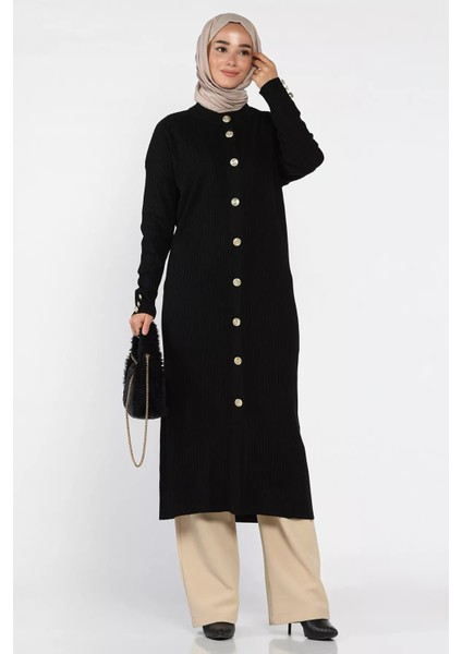 Gold Düğmeli Kendinden Çizgi Desenli Tesettür Triko Hırka P-00018361