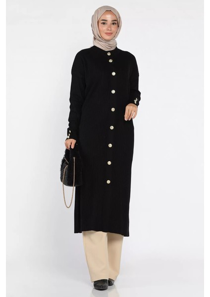 Gold Düğmeli Kendinden Çizgi Desenli Tesettür Triko Hırka P-00018361 fiyatları