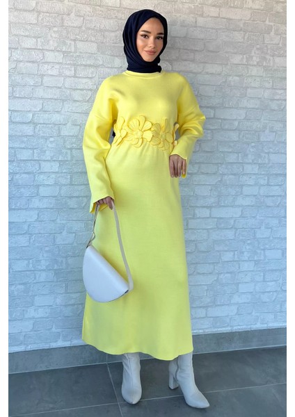 Bisiklet Yaka Çiçek Figürlü Tesettür Triko Elbise P-00018363 modelleri