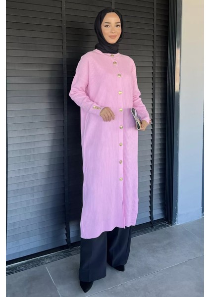 Gold Düğmeli Kendinden Çizgi Desenli Tesettür Triko Hırka P-00018361