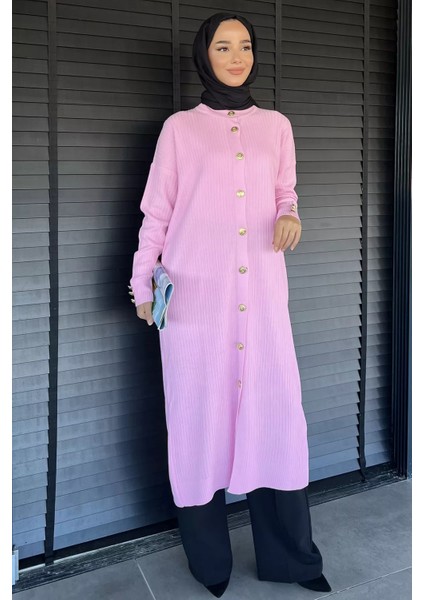 Gold Düğmeli Kendinden Çizgi Desenli Tesettür Triko Hırka P-00018361 fiyatları