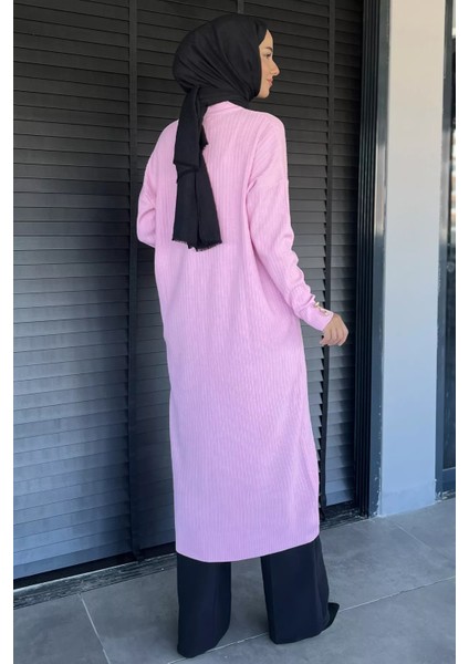 Gold Düğmeli Kendinden Çizgi Desenli Tesettür Triko Hırka P-00018361 modelleri