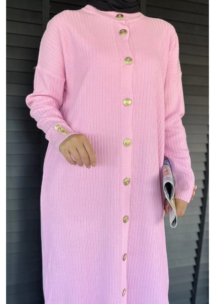 Gold Düğmeli Kendinden Çizgi Desenli Tesettür Triko Hırka P-00018361 fırsatları