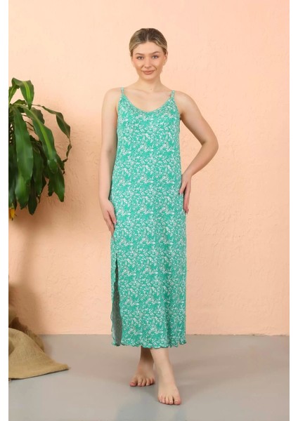 Moda Kadın Ip Askılı Yırtmaçlı Uzun Yeşil Gecelik