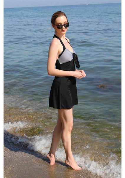 Moda Kadın Likralı Şortlu Fiyonklu Elbise Mayo Siyah modelleri