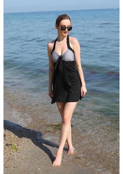 Moda Kadın Likralı Şortlu Fiyonklu Elbise Mayo Siyah