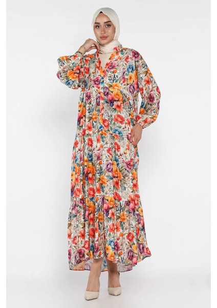 Ön Düğmeli Desenli Mevsimlik Tesettür Elbise P-00018174 fiyatları