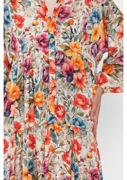 Ön Düğmeli Desenli Mevsimlik Tesettür Elbise P-00018174 fırsatları