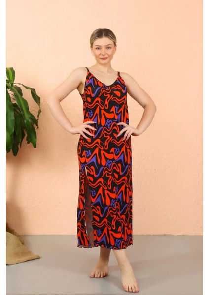 Moda Kadın Ip Askılı Yırtmaçlı Uzun Siyah Gecelik