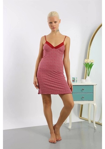 Moda Kadın Penye Desenli Ip Askılı Gecelik