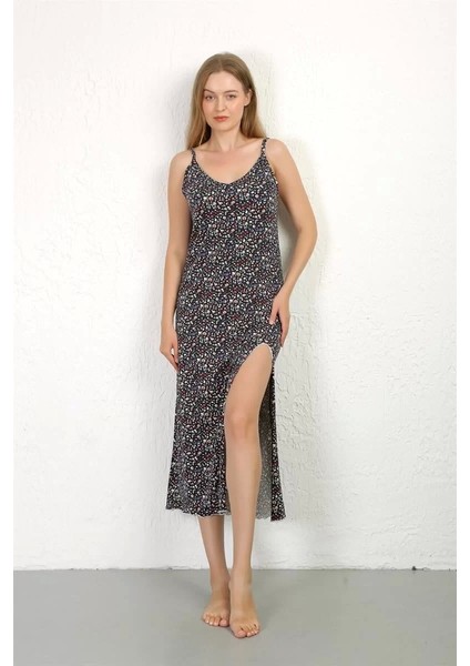 Moda Ip Askılı Uzun Yırtmaçlı Penye Gecelik Lacivert fırsatları