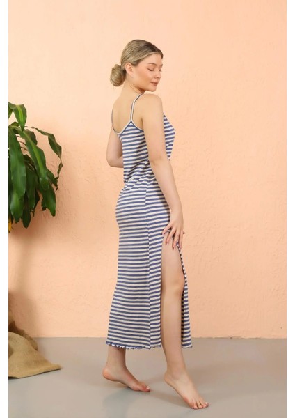 Moda Kadın Ip Askılı Yırtmaçlı Uzun Mavi Gecelik modelleri